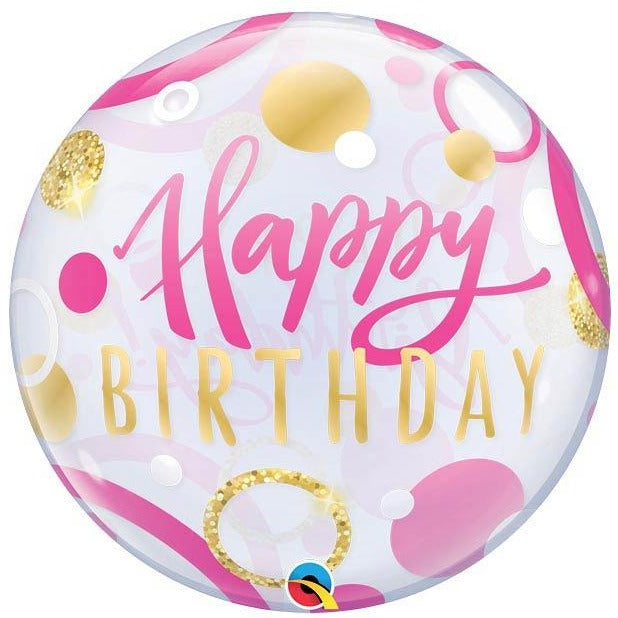 Happy Birthday Pink & Gold Dots Balloon Bubble