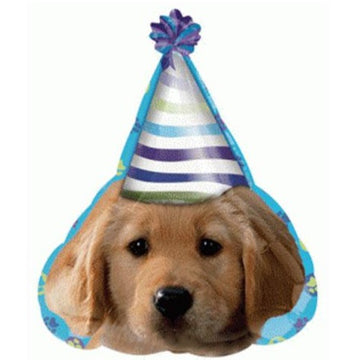 puppy with party hat balloon