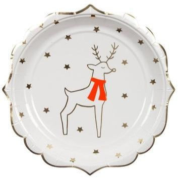 white and gold reindeer plate