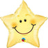 A small yellow smiling star-shaped balloon, presumably made of mylar, with a happy facial expression.