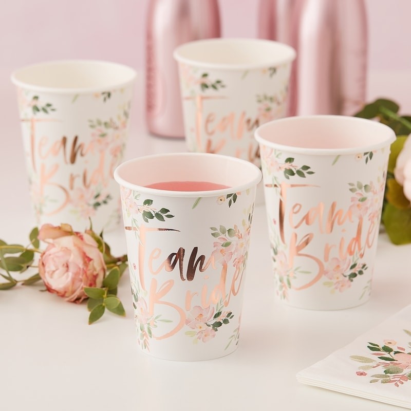 team bride floral paper cups