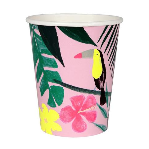 pink tropical toucan paper cups