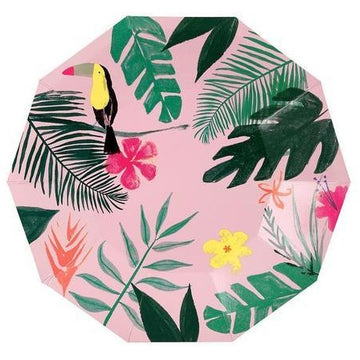 pink tropical toucan paper plates
