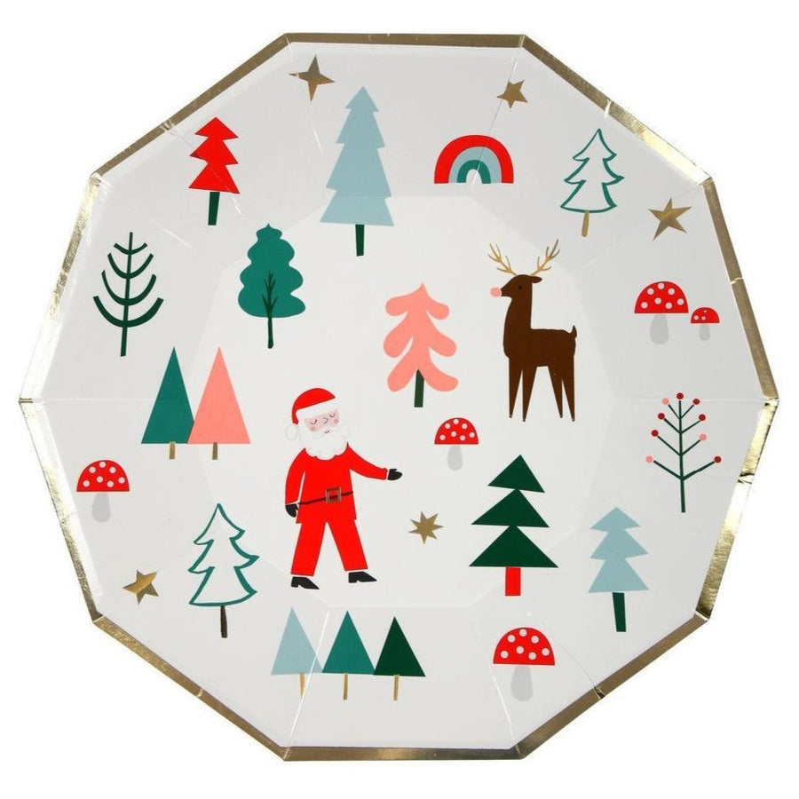santa trees reindeer mushroom paper plates