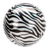 A round mylar balloon with a zebra print pattern in black, silver, and white colors.